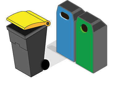 déchets recyclables poubelle jaune (emballages), poubelle bleue (papier) poubelle verte (verre)